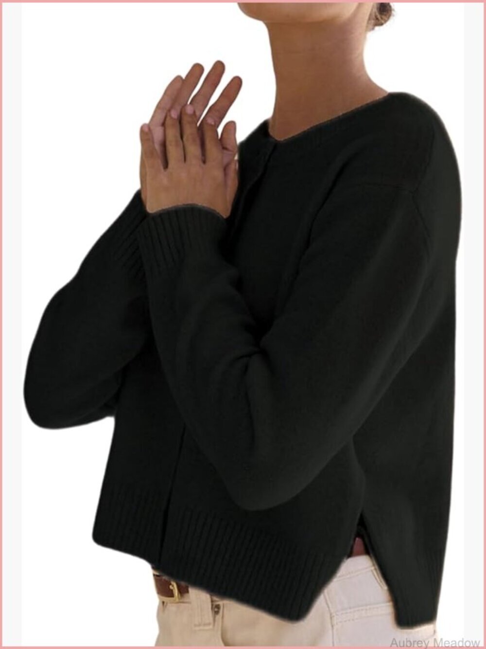 Side Split Button Down Knit Cardigan Sweater Women Long Sleeve Crew Neck Trendy